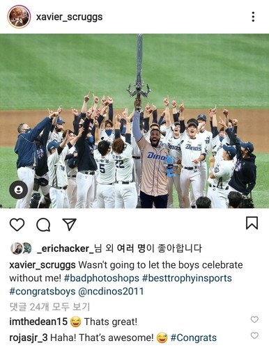 테임즈·해커·스크럭스도 "NC 창단 첫 우승 축하해~"