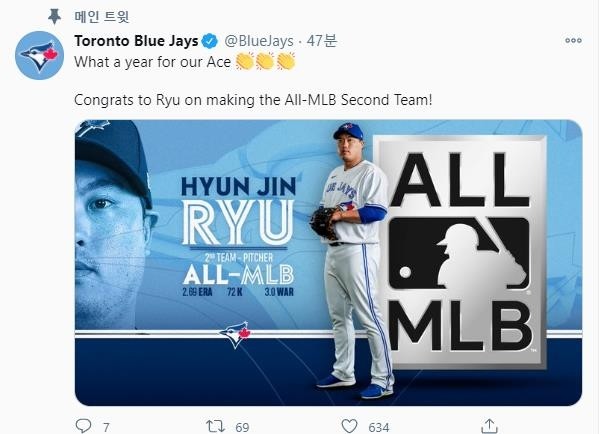 류현진, 2년 연속 '올 MLB 세컨드 팀' 선발 투수 선정