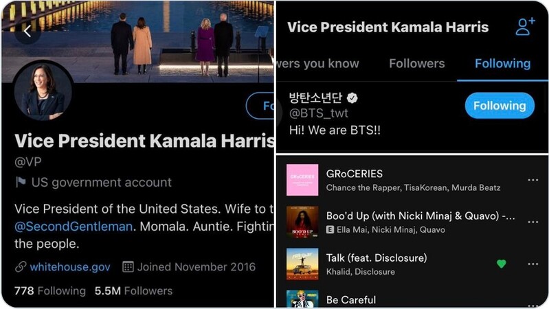 방탄소년단 팔로잉한 해리스 부통령…'팬 인증' 온라인 들썩