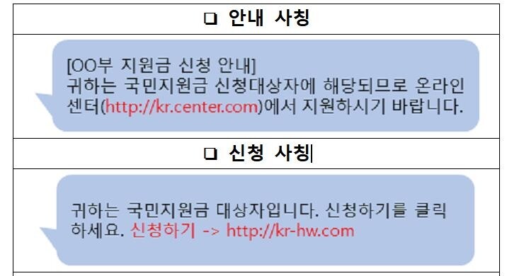 "국민지원금 지급 사칭 스미싱 주의…문자 자세히 살펴보길"