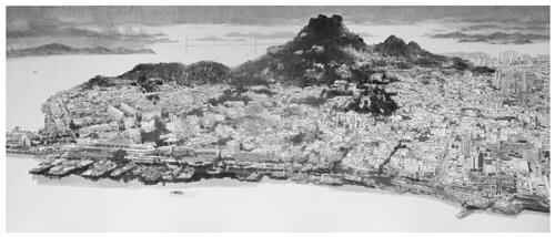 역사 대합실에 내걸린 수묵화 '목포 초상화' 연일 화제