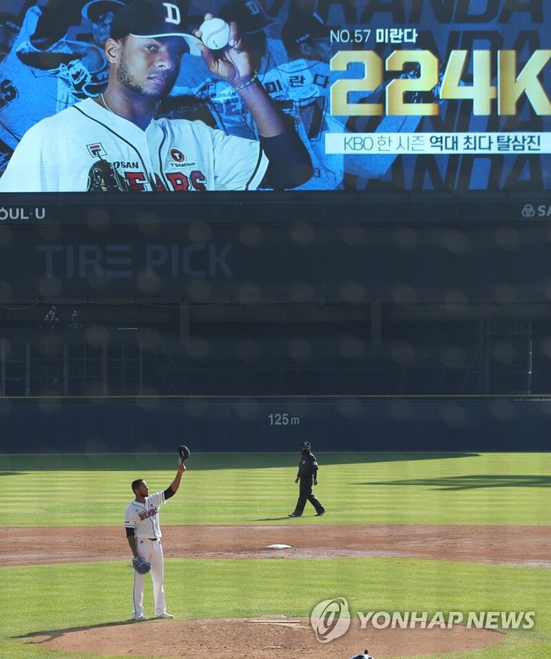 Bears' ace Ariel Miranda breaks KBO single-season strikeout record