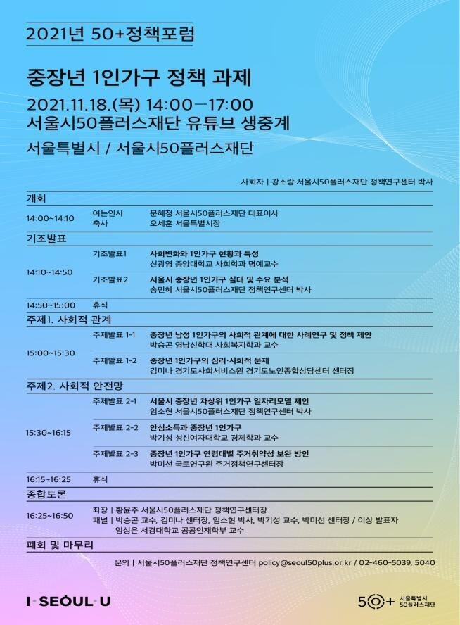 '나혼자 산다' 중장년 1인가구 안전망은…서울시 '50+정책포럼'