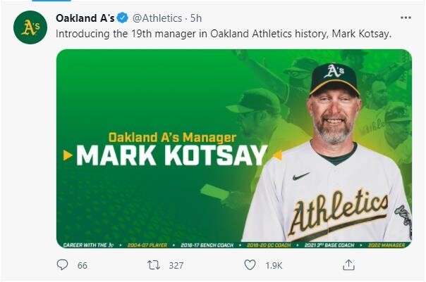 MLB 오클랜드, 신임 사령탑에 '팀을 잘 아는' 콧세이 코치 선임