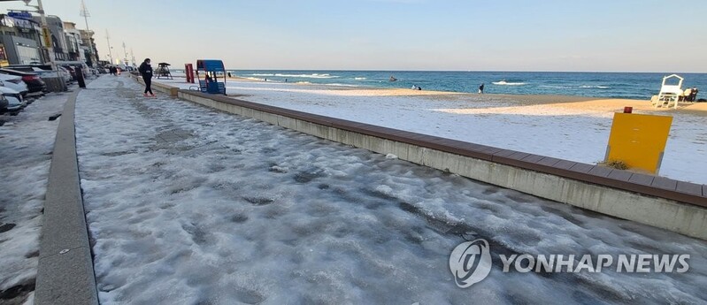 폭설 내린 지 열흘 지났는데…강릉 관광지 인도 '엉망진창' 빙판
