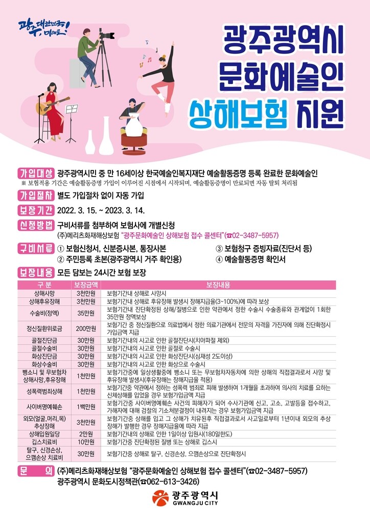 광주 문화예술인 상해사망 시 3천만원…전국 첫 상해보험 지원