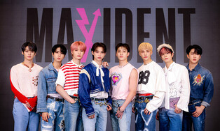 Individual and group photos of K-pop boy group Stray Kids during press conference of 'MAXIDENT'