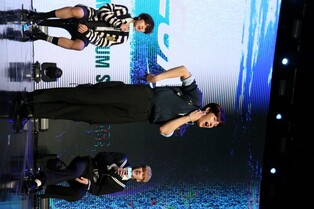 JUST B member Lim Jimin showing point move for title song 'ME=' during press conference for 3rd mini album 'NEUN'