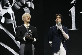 Photos of Moonbin and Sanha during media showcase for third mini album 'INCENSE'