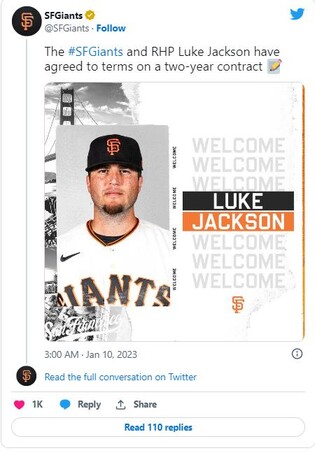 MLB 샌프란시스코, 우완 불펜 잭슨과 143억원에 2년 계약