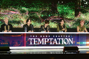 Photos of Tomorrow X Together during media showcase of fifth mini album 'Temptation'