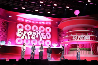 Group photos and members first greet during media showcase of NMIXX's first mini album 'EXPERGO'