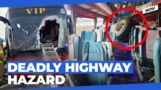 Dislodged road wheel from 25-ton truck slams into passenger bus