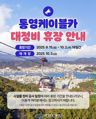 통영케이블카 대정비 휴장…15일부터 10월 2일까지